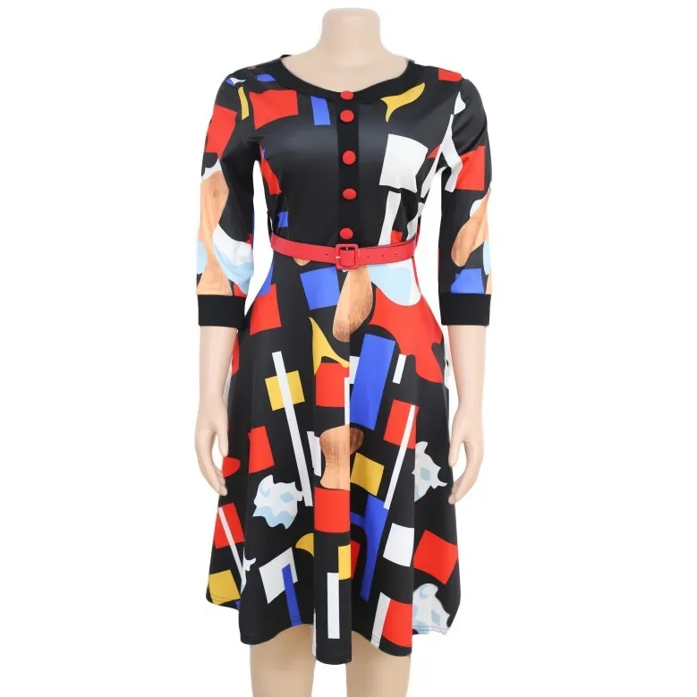 

African Clothes For Women 2019 Summer New Arrival Office Dame Dress Color Oansatz 3 /4 Cover With Belt Ladies Midi Dress