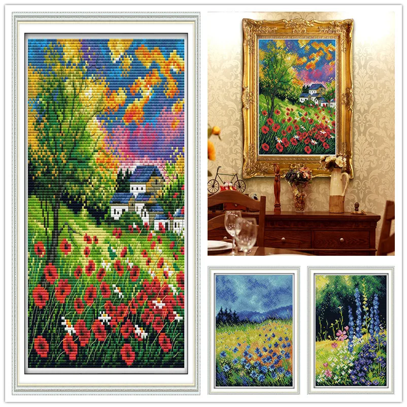 

Beautiful Flower sea Cross Stitch Kits Scenery Printed pattern canvas Chinese Embroidery Needlework set Cross-stitch Home Decor