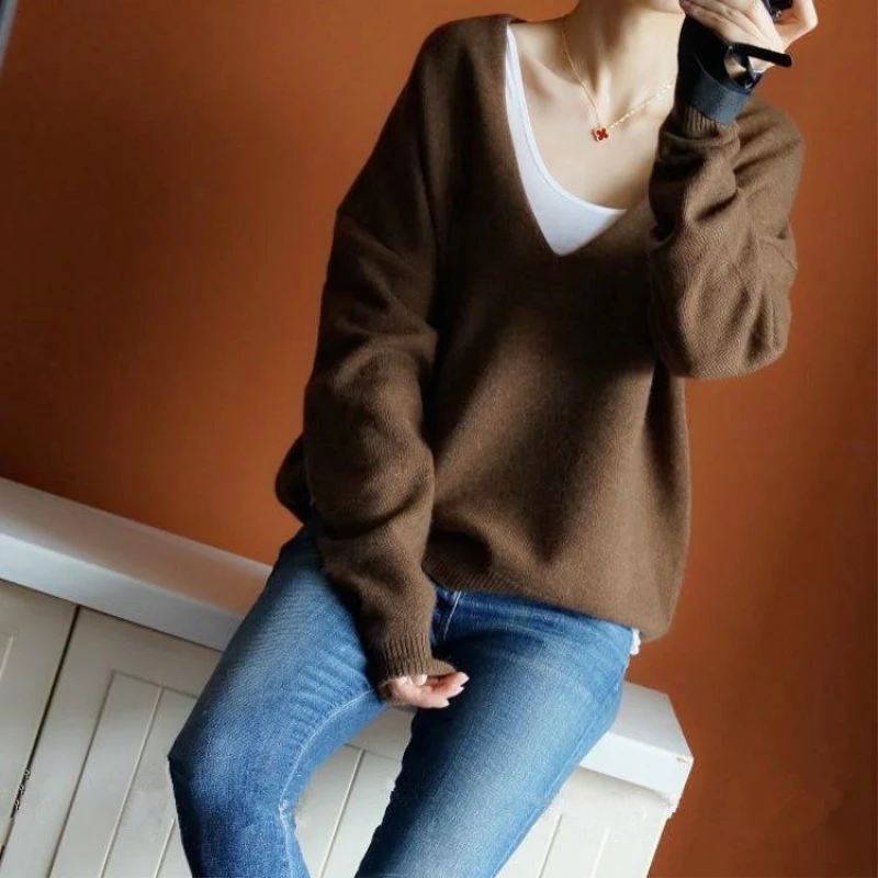 JECH Autumn winter New loose large size V-collar pure Cashmere Sweater fashion soft high-quality women's Sweaters knitting Sweaters