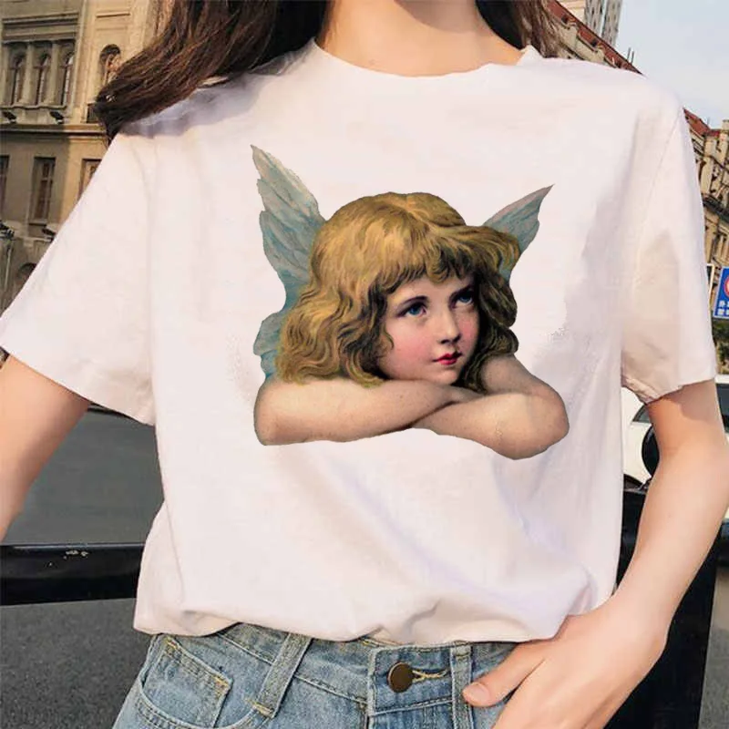 Angel Fashion Tees футболка Ullzang женская футболка с принтом Harajuku 90s Kawaii Одежда Футболка Топ летний Vogue grunge women ulzzang