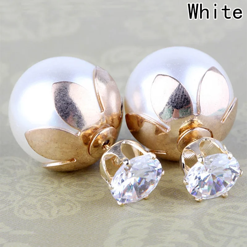Fashion Simulated Pearl Ball Earrings Flower Hiphop Korea Jewelry Double Side Stud Earring White