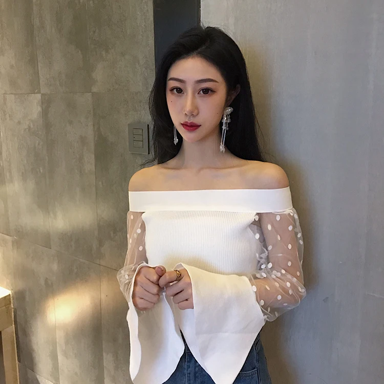 

Summer Sweet Slash Neck Knitted Sweater Shirts Women Full Mesh Flare Sleeve Knit Sweaters Pullovers For Girls