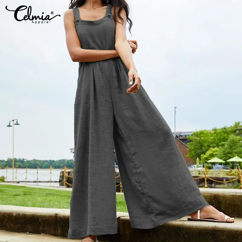 Oversized Women Wide Leg Pants Celmia Summer Retro Jumpsuits Sleeveless Straps Overalls Female Casual Loose Solid Rompers