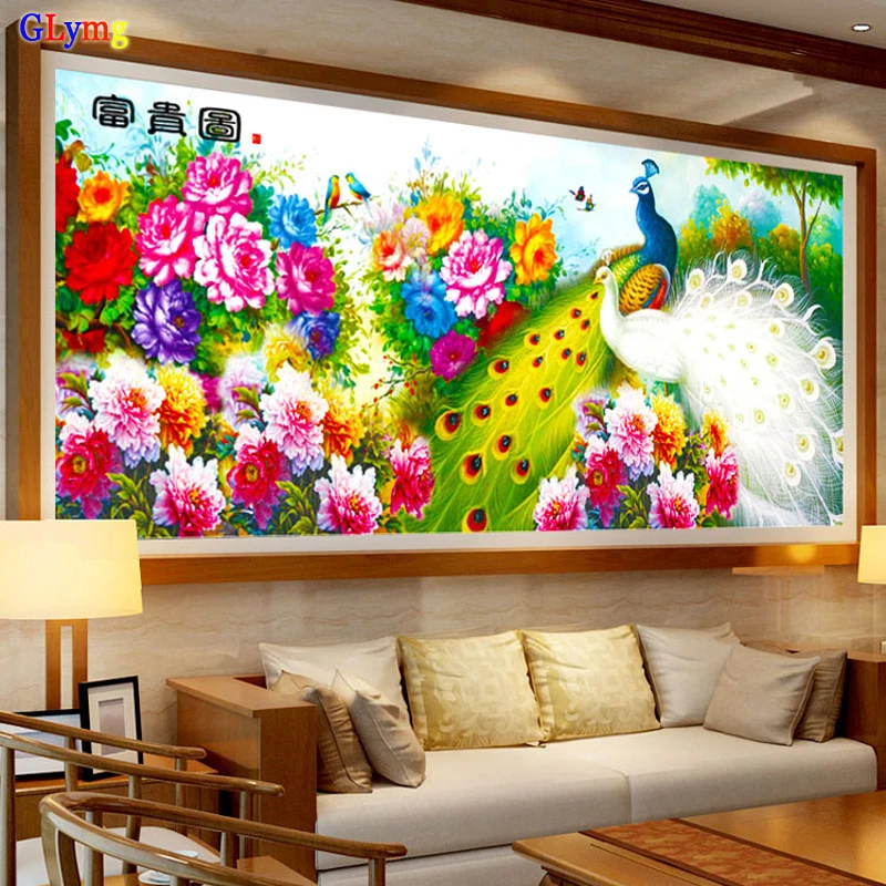GLymg New Diy Special-shaped Diamond Embroidery Round Briliiaant Diamond Painting Cross Stitch Peony Peacock Large Size Picture