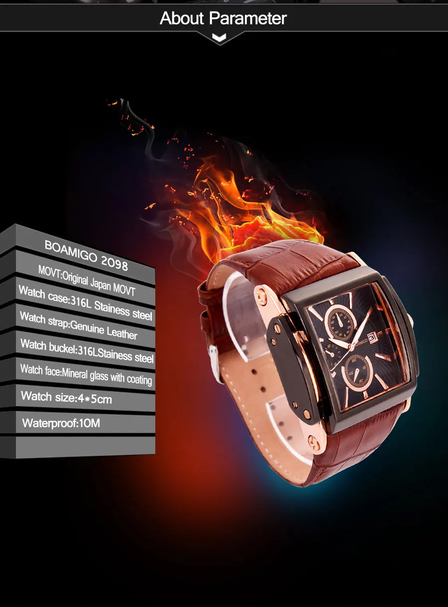 BOAMIGO Coffee Leather Strap Mens Watches Fashion Casual Waterproof Quartz Watch Analog Rectangle Male Clock Relogio Masculino (20)