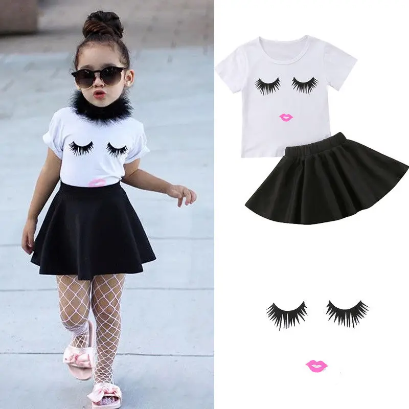 

2018 Newly Summer Fashion Casual 2PCS Baby Girls Sets Eyes Lip Print White T-Shirts Tops Black Mini Skirts Outfit 1-6Y