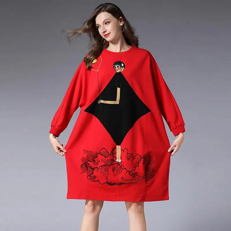 

Women Plus Size Winter Fashion Embroidered Dress Bottoming Round Neck Long Sleeve Maternity Dresses Pregnancy Clothes