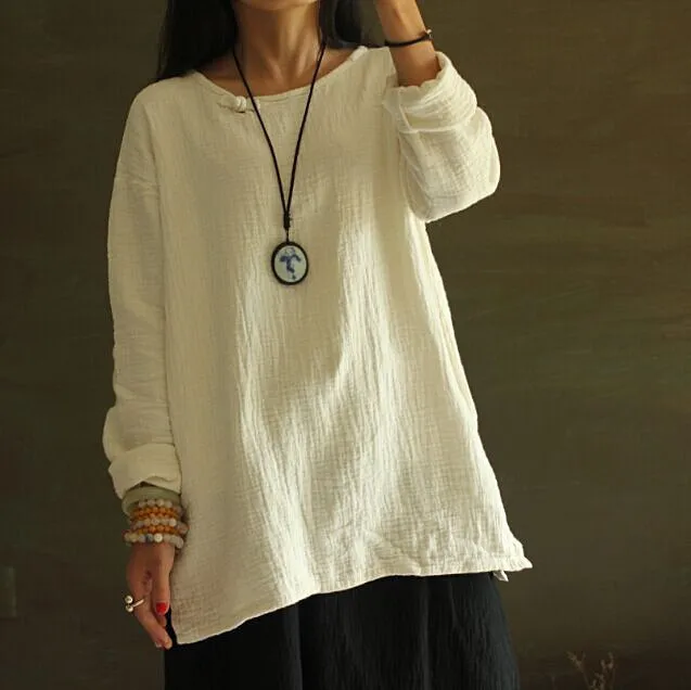 High end Custom Retro Linen Shirt Fabric Pankou Pullover Shirt Women