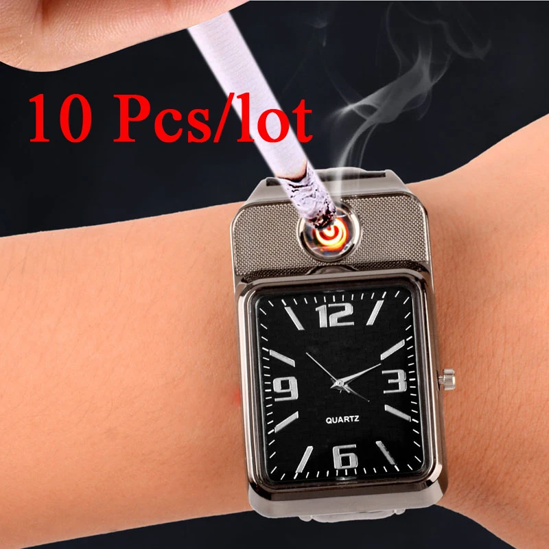 

10 Pcs/lot USB Rechargable Windproof Flameless Cigarette Lighter Watch Reloj masculino Men Casual date clock Quartz Wristwatches