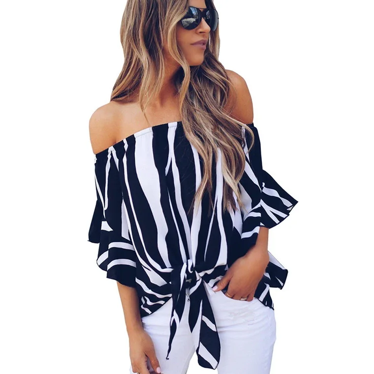 

Sexy Zebra Print shoulder collar striped Bell Sleeve Chiffon blouses