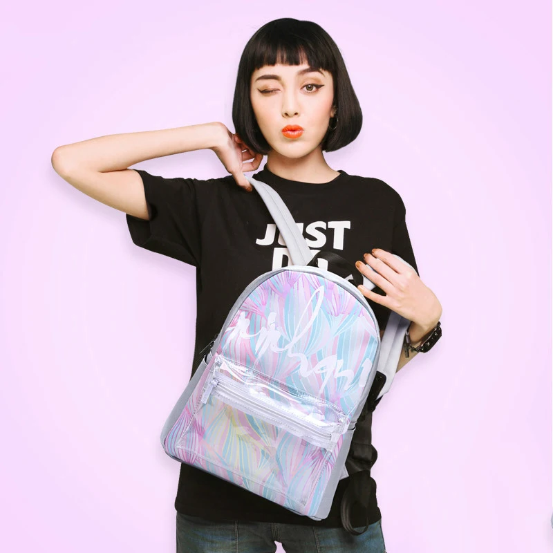 

Famous Brand Transparent Small Backpack Women Flower Printing School Bag PU Leather Knapsacks Lady Clear Bagpack