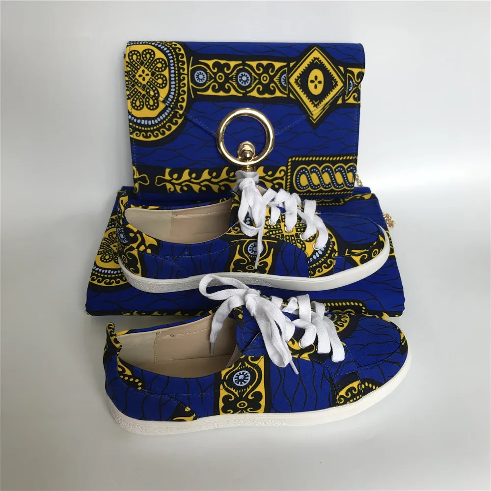 Синяя Вощеная хлопковая ткань хлопок 6 ярдов материал с женской сумочкой и кроссовками 36-43 Популярные подходящие комплекты 94-26