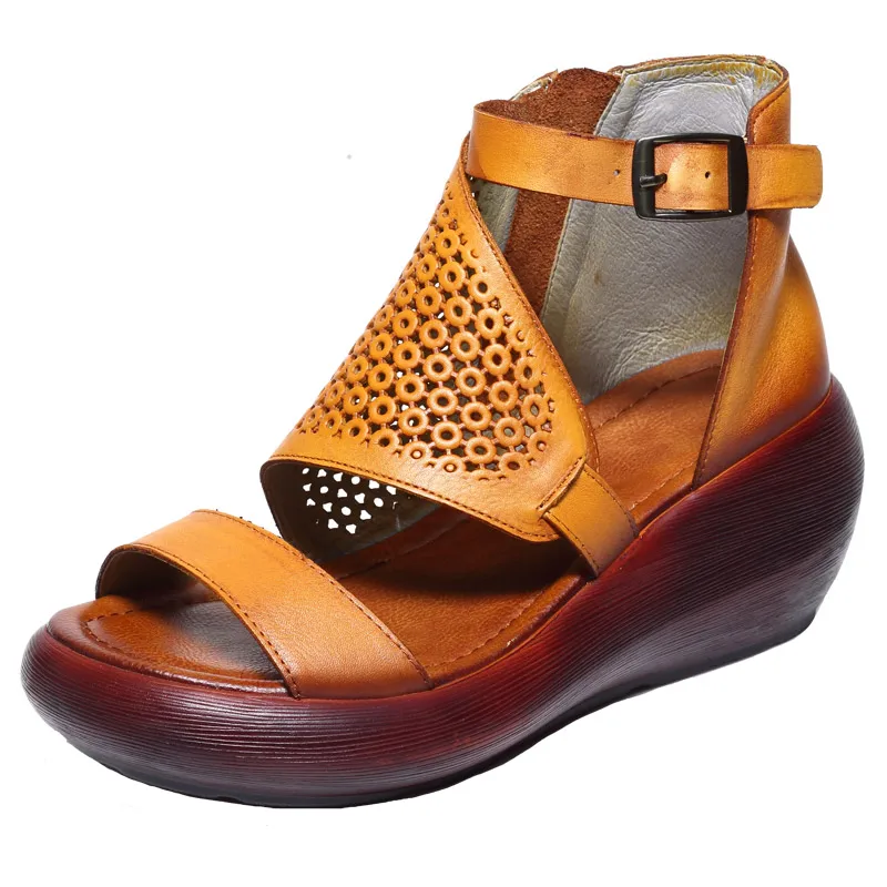 Женские кожаные сандалии-гладиаторы; летние туфли на танкетке и высоком каблуке 7 см; женские босоножки из натуральной кожи с вышивкой; обувь ручной работы