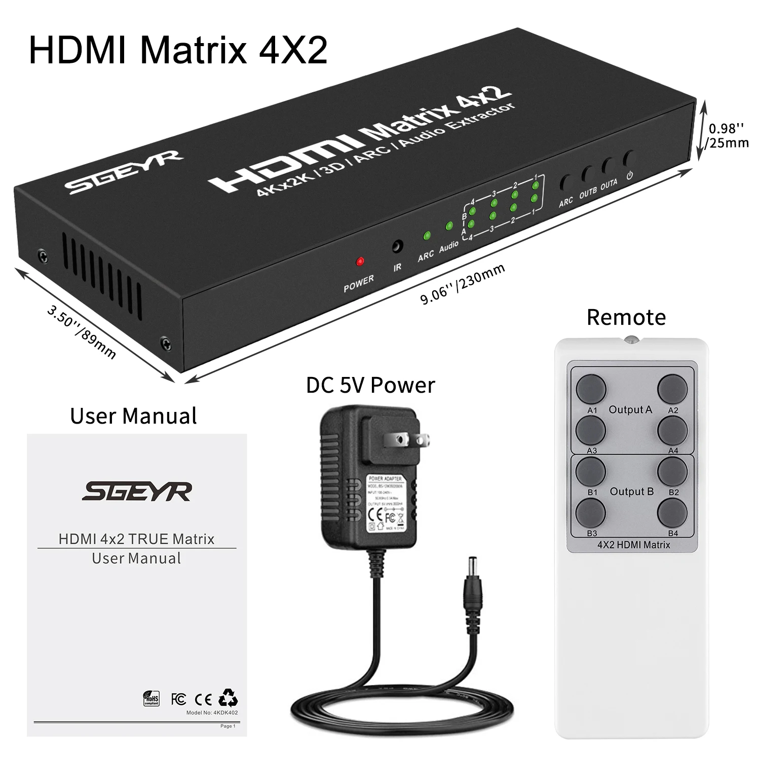 4K x 2K HDMI настоящий матричный коммутатор 4x2 HDMI сплиттер SGEYR Switcher Matriz 4 In 2 Out с ИК-пультом дистанционного ОПТИЧЕСКОГО+ 3,5 мм аудио экстрактор