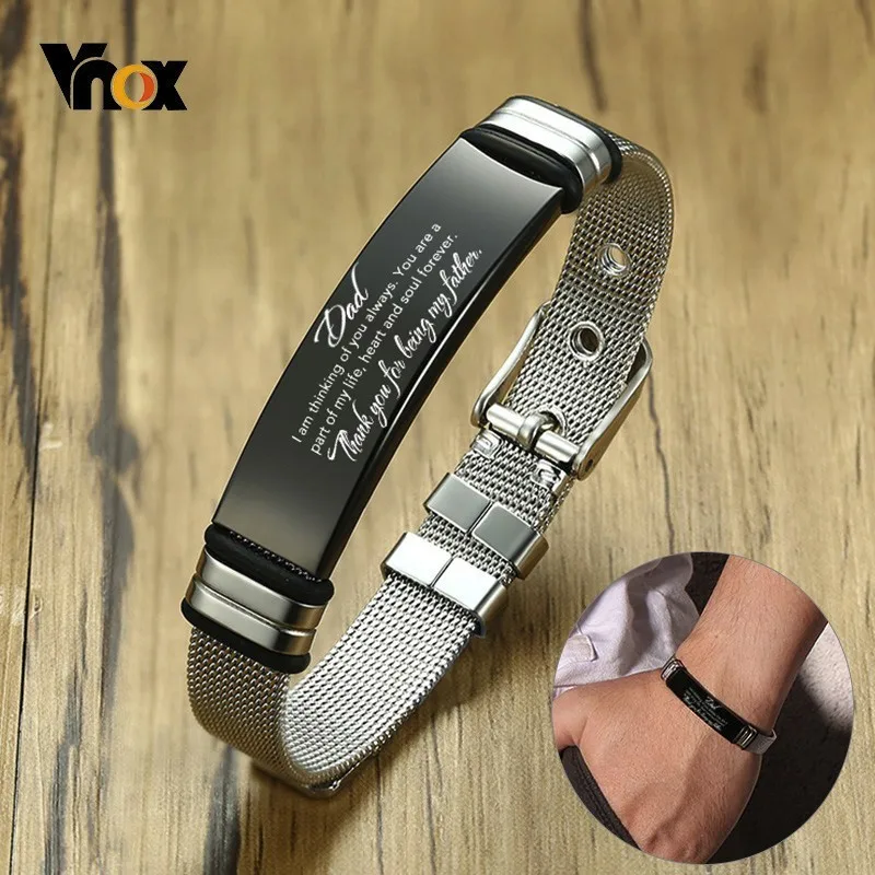 

Vnox Adjustable Length TO DAD Bracelets for Men Mesh Watch Band with Soft Silicone Gasket Stainless Steel Pulseira Custom Gift