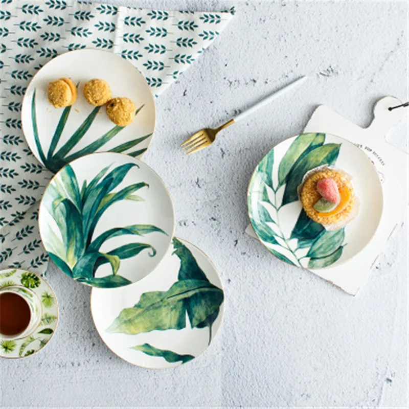 

Rainforest Series Green Plants Ceramic Plate Nordic Bone China Round Plate 8" Phnom Penh Home Use Breakfast Tray X1600