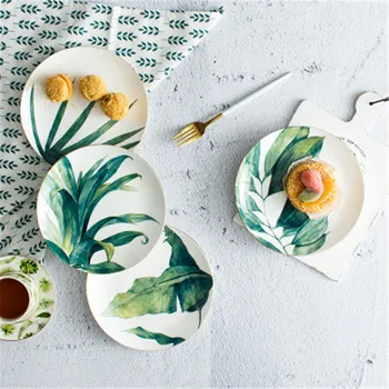 

Rainforest Series Green Plants Ceramic Plate Nordic Bone China Round Plate 8" Phnom Penh Home Use Breakfast Tray X1600