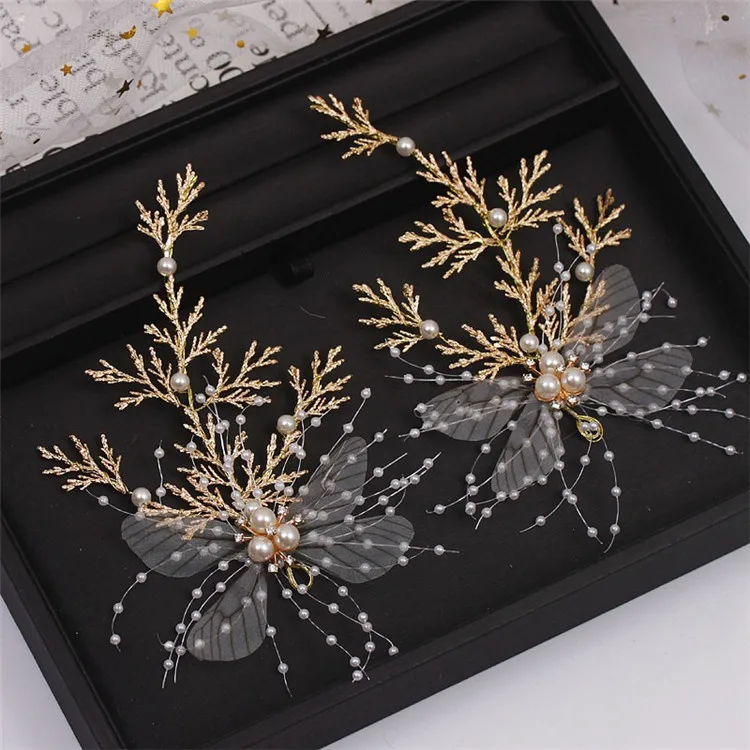  Handmade Gold Crystal Pearl Butterfly Hair Pin Clips Bride Leaf Hair Sticks Rhinestone Veil Tiara C