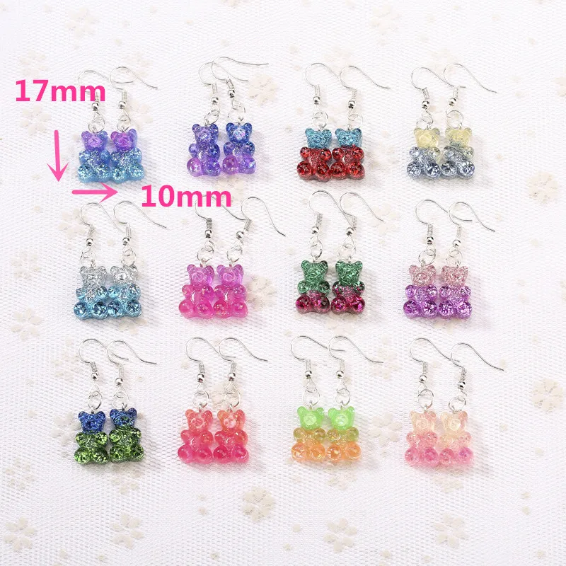 1Pair  Women Drop Earrings  Glitter Gummy Bear Crafts Multicolor Resin Charms Fashion Jewelry Diy Making