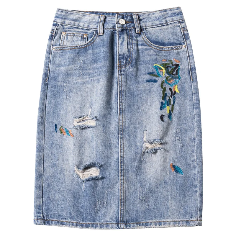 Плюс Цветочные Джинсовые юбки с вышивкой Женская короткая джинсовая юбка-карандаш Женская повседневная юбка