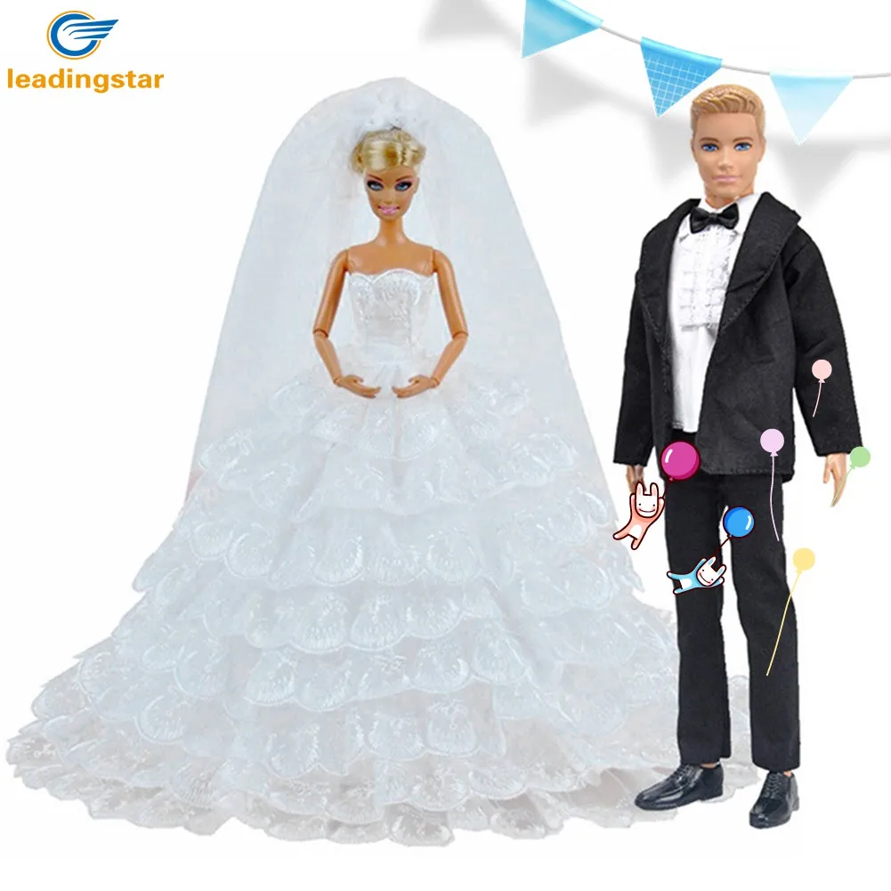 

LeadingStar Princess for Doll White Eight-layers Lace Wedding Dress and Prince Ken Doll Suit Clothes Set zk30