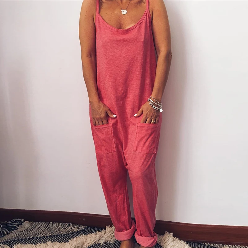 2019 New Fashion Women Jumpsuit Women's Casual Loose Strappy Bib Overalls Woman Summer Backless Pocket Trousers Rompers Playsuit