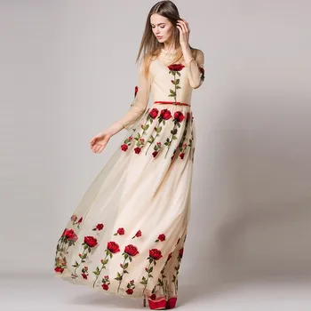 

Elegant Lace Long Dress 2018 Summer Runway Women Long Sleeve Rose Floral Mesh Gauze Sexy Perspective Embroidered Maxi Dresses