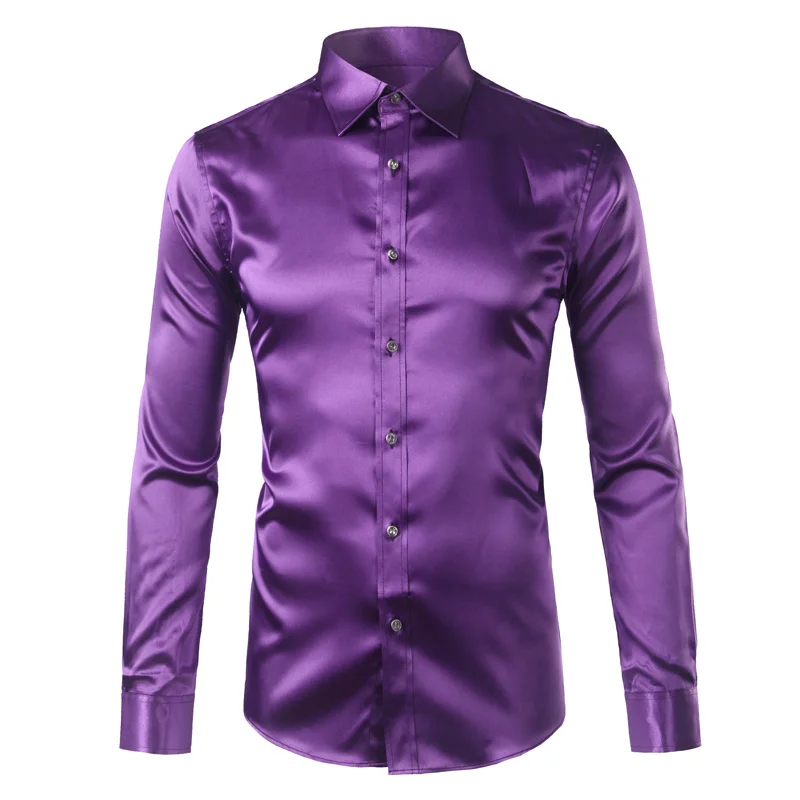 Трендовая шелковая атласная Мужская рубашка с длинным рукавом Chemise Homme модная мужская приталенная рубашка из искусственного шелка на пуговицах - Цвет: purple