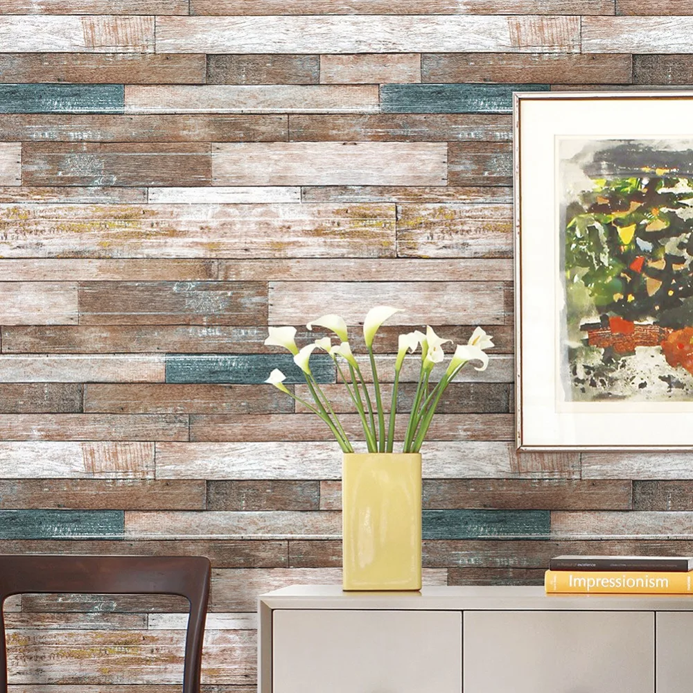 HaokHome Vintage Wood Wallpaper Rolls Blue/Beige/Brown Wooden Plank