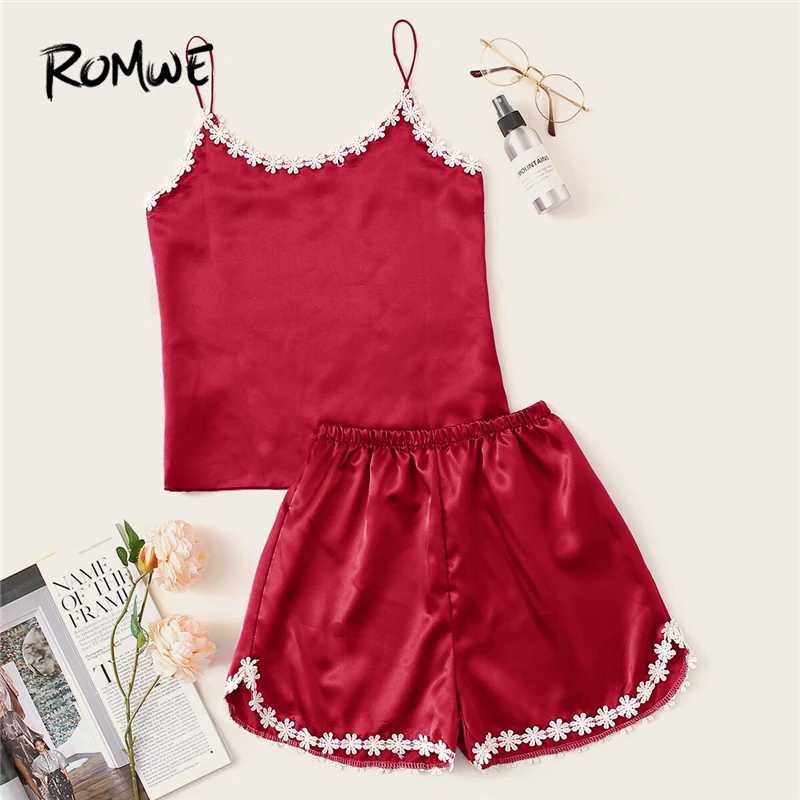 

ROMWE Red Crochet Trim Satin Cami PJ Set Women Summer Plain Spaghetti Strap Sleeveless Casual Sleeping Pajama Sets Nightwear