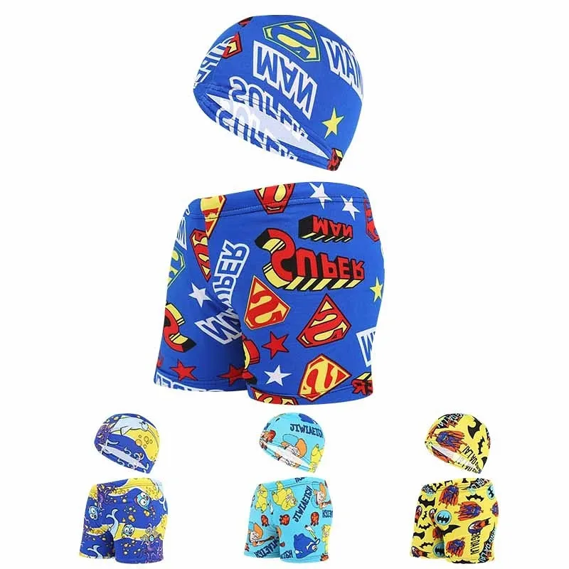 

2PCS Swimming Trunks+Swim Caps Kids Swimwear Child Baby Boys Swim Trunks Animal Board Shorts Beach Hat