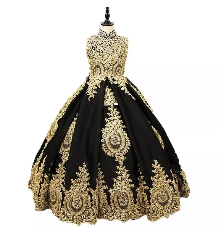 

New Black And Gold Lace Flower Girls Dresses High neck With Corset Back Ball Gown Designer Pageant Gown Girls Birthday Dresses