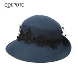 QDKPOTC 2018 новый элегантный банкет платье Головные уборы Берет обжимной шерстяного фетра Шляпа Fedora кружева осень-зима Для женщин Hat