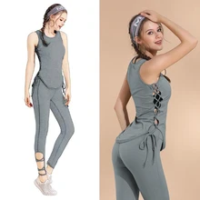 Для женщин дышащие спортивные майка жилет боковой ремень без рукавов, Приталенная футболка быстросохнущая Гимнастерка для занятий йогой и фитнесом Топ