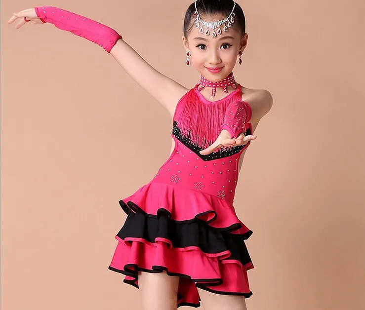 Girls Kids Party Dancewear Costumes Tassel Latin dancing Dress+Headwear Earring