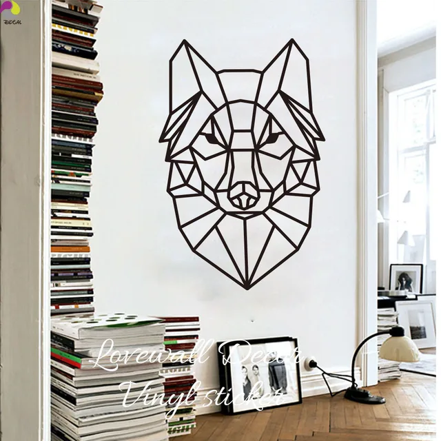 Cartoon Geometric Wolf Wall Sticker Baby Nursery Kids Room Cute Animal Head Wolf Wall Decal Living