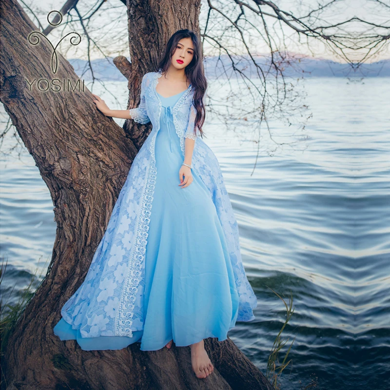 

YOSIMI 2018 Summer Two Piece Suit Set Long Women Dress Vestidos Maxi Chiffon for Travel V-neck Blue Dress Women's Suit Dress