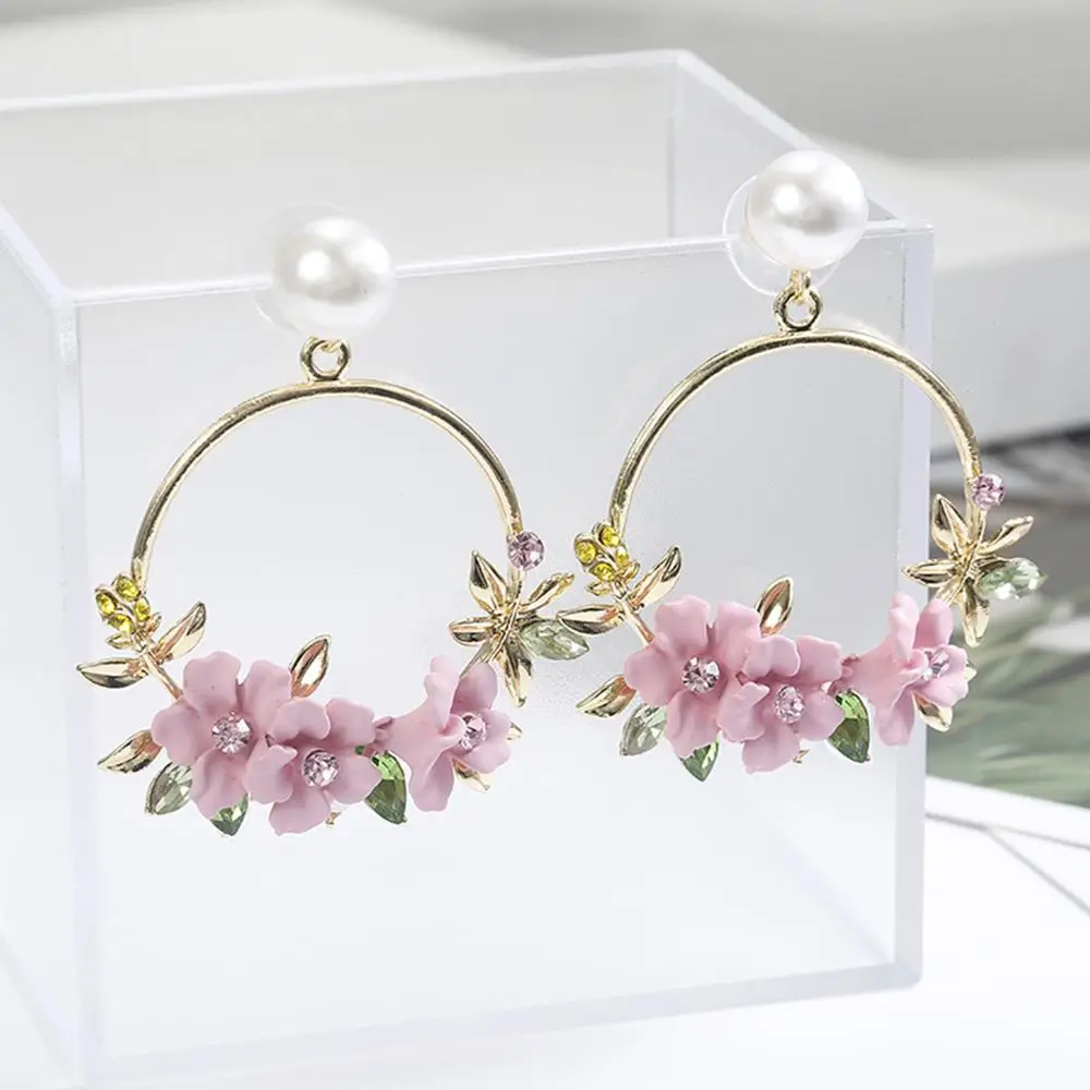 

New Elegant Big Circle Flower Drop Earrings For Women Fashion Simulated Pearl Rhinestone Boucle D'oreille