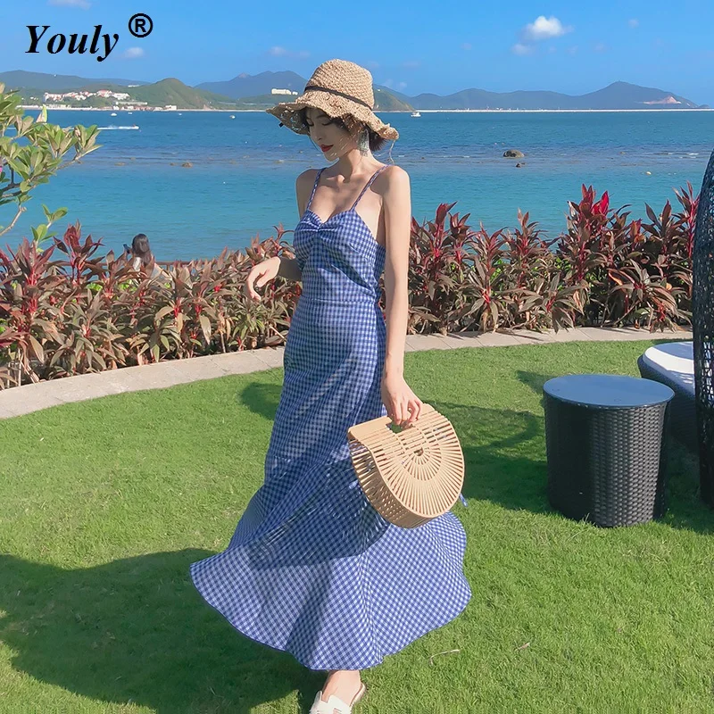 

Vintage Sexy Bohemian Plaid Trumpet Beach Dress Summer Casual Sundress Sim Blue Lolita Style Mermaid Party Dress vestido