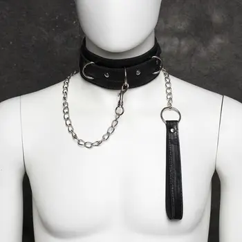 

Leather Lockable Collar With D Ring Chain Leash Fetish Restraint Kinky Fun Toy