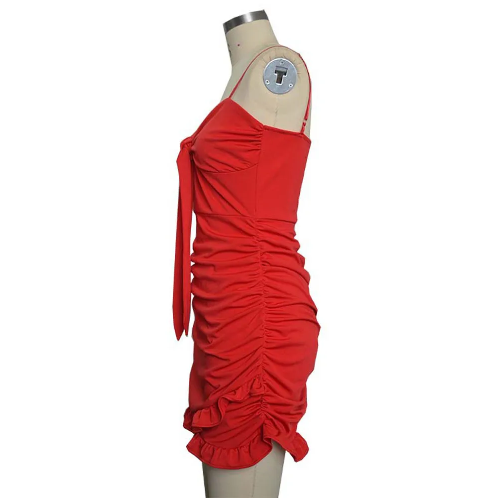 Новое летнее женское платье с бретельками и оборками, красное Повседневное платье с открытой спиной для женщин, короткое платье на бретельках для женщин