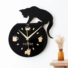 Home Decor Cartoon Lovely Black Cat Fashion Design Popular Round Kitchen Coffee Cup Bean Wall Clock Silent Non-tickingWall Clock