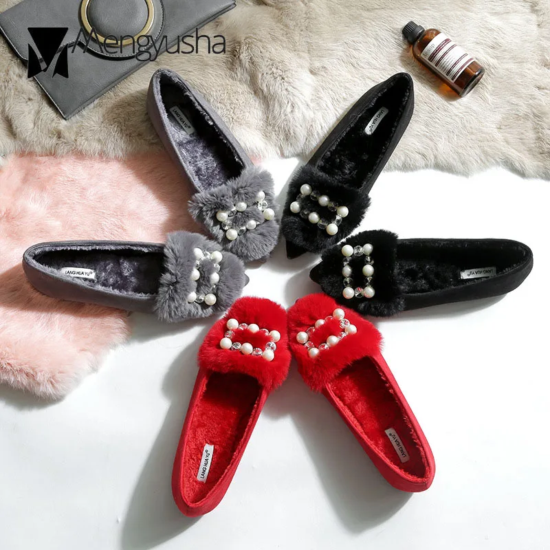 

luxury pearl fur flats women crystal beading buckle flat shoes woman pointed toe slip on loafers ladies plush winter shoes c846