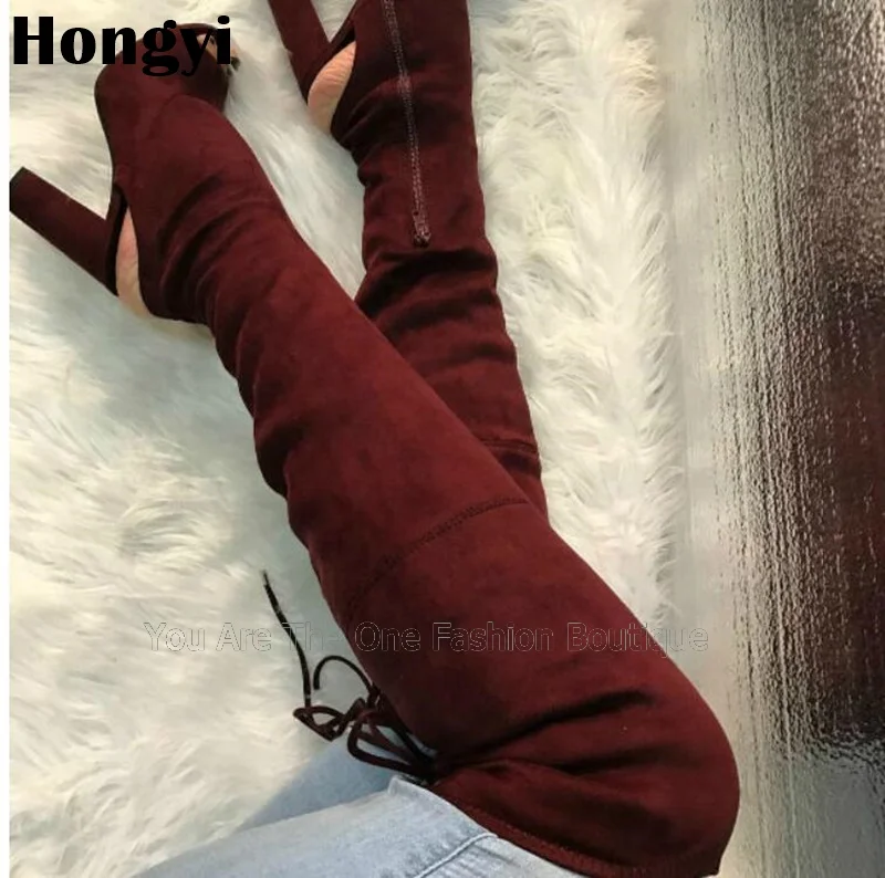 

Gorgeous cut boots feature suede material chunky heeled open toe lace up over the knee boots thigh high length side zipper boot