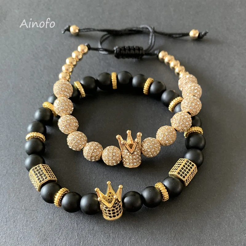 

2pcs/Set Gold Crown Bracelets 8MM Cubic Micro Pave CZ Ball Braiding Man Black Stone Beadd Luxury Jewelry Pulseira Bileklik