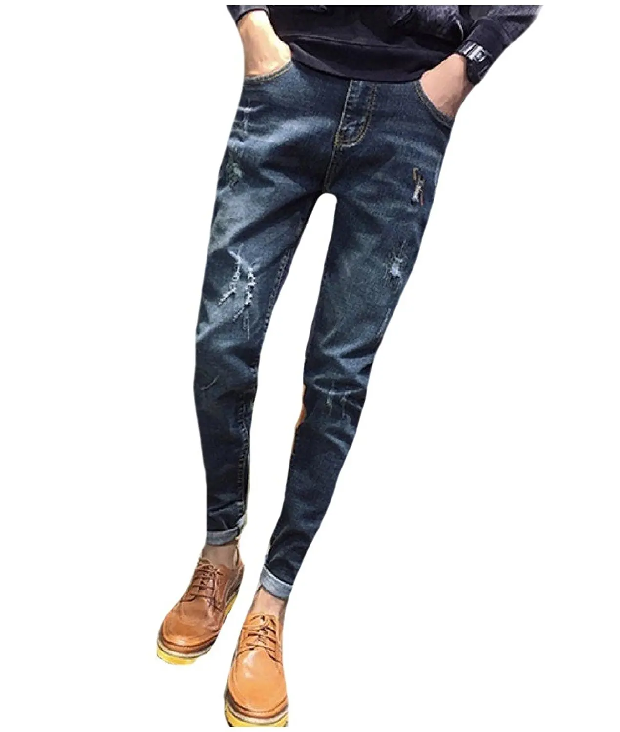 Men Holes Trousers Slim Tapered Denim Pants Fall Winter Jeans jeans men