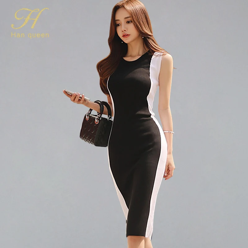 

H Han Queen Black White Stiching Color Stretch Knitted Dress Women Summer Elegant Pencil Dresses Office Elastic Sheath Vestidos