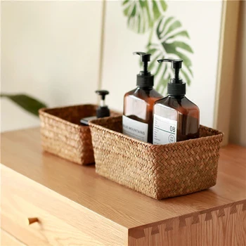 

New Straw Storage Basket Handmade Groceries Storage Box Woven Sundries Container Rattan Jewelry Box Seagrass Makeup Organizer