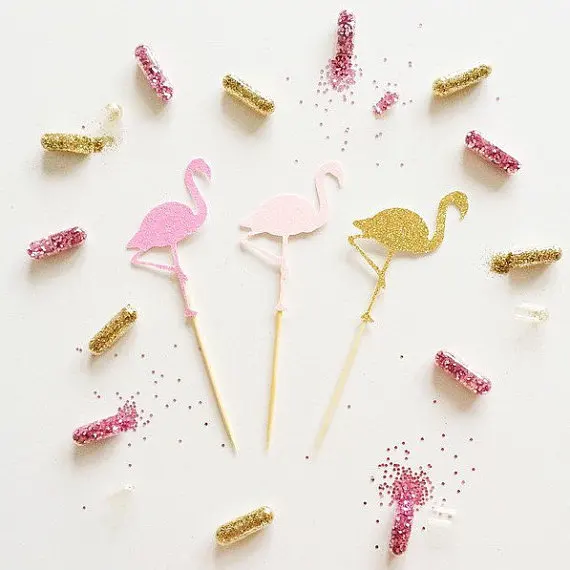 Flamingo Glitter Cupcake Toppers Appetizer Food Pick Party Baby