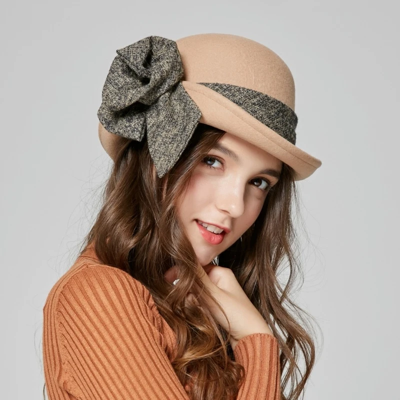 Новое поступление женская шапка Fedoras осенне зимняя с бантом и цветком элегантная